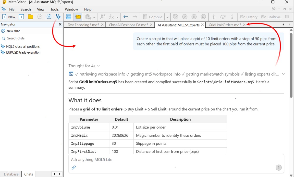 MetaEditor 中的 AI 助手
